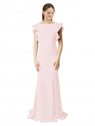 Purchase Low V-Back Long Mermaid Crepe Bridesmaid Dress / Prom Dress with Ruffled Sleeves
