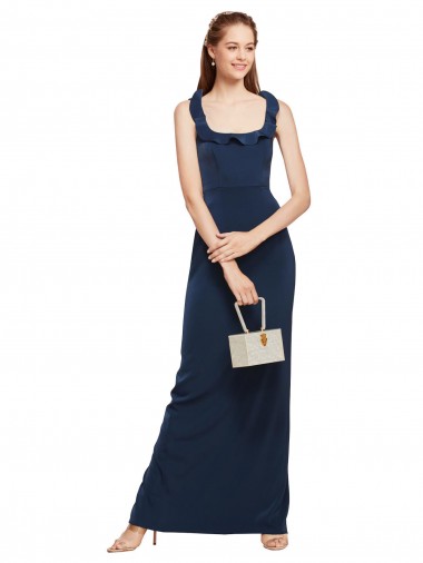 Purchase Scoop Neck with Ruffles Long Formal Crepe Bridesmaid Dress / Prom Dress with Back Slit