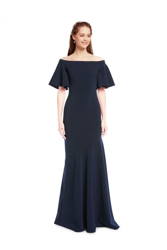 Off the Shoulder Formal Crepe Bridesmaid Dress / Prom Dress with Short Ruffle Sleeves.