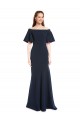 Off the Shoulder Formal Crepe Bridesmaid Dress / Prom Dress with Short Ruffle Sleeves.