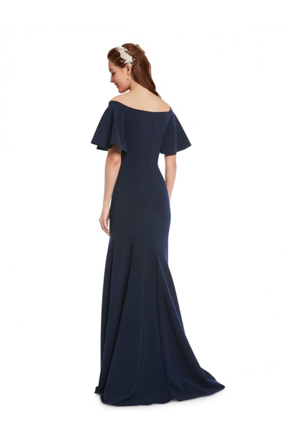 Off the Shoulder Formal Crepe Bridesmaid Dress / Prom Dress with Short Ruffle Sleeves.