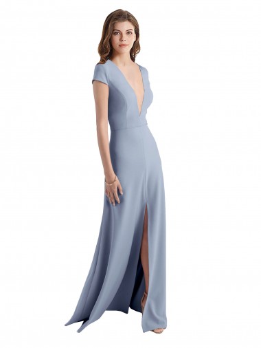 Purchase Plunging V-Neck Cap Sleeves Stretch Crepe Bridesmaid Dress / Prom Dress with Front Slit
