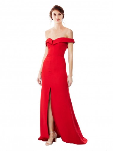 Purchase Off the Shoulder Chapel Train Formal Crepe Bridesmaid Dress / Prom Dress with Thigh-High slit