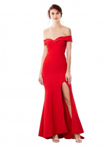 Purchase Off the Shoulder Sweetheart Maxi Formal Crepe Bridesmaid Dress / Prom Dress With Thigh Split and Train