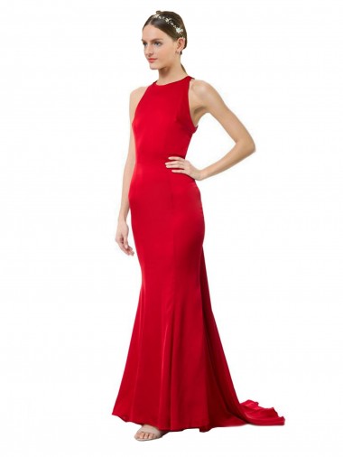 Purchase High Neck Mermaid Open Back Formal Crepe Maxi Bridesmaid Dress / Prom Dress with Train Detail