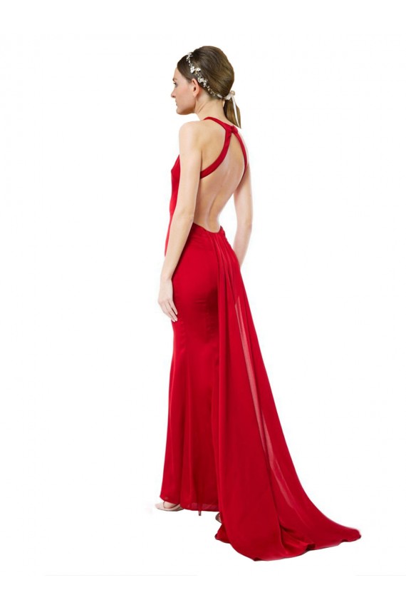 High Neck Mermaid Open Back Formal Crepe Maxi Bridesmaid Dress / Prom Dress with Train Detail
