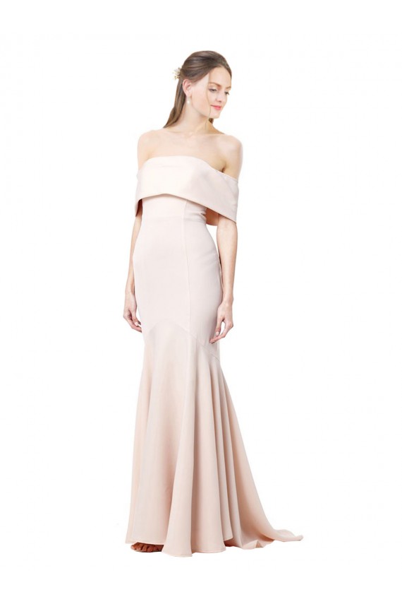 Mermaid Bardot Maxi Formal Crepe Bridesmiad Dress with Fishtail Train