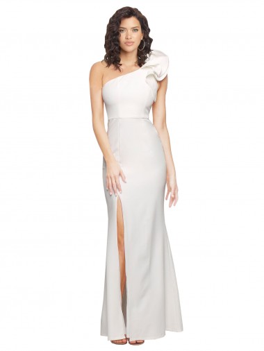 Purchase One Shoulder Long Full Length Formal Crepe Bridesmaid Dress / Prom Dress with Ruffles and Side Split