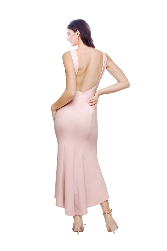 High Neck Low V-Back Cocktail Midi Length Formal Crepe Bridesmaid Dress / Prom Dress