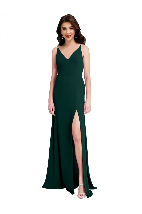 Slim A-Line V-Neck Full Length Formal Crepe Bridesmaid Dress / Prom Dress with Side Slit