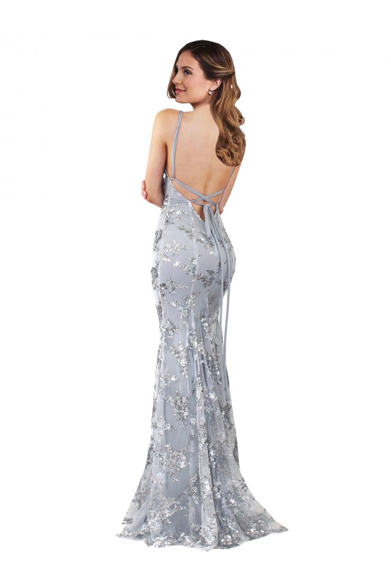 Silver V-Neckline Backless Floral Patterned Sequin Formal Bridesmaid Dress / Prom Dress