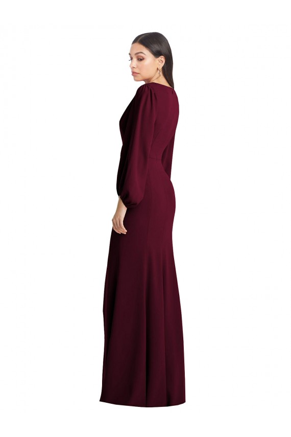 Long Puff Sleeve V-Neck Trumpet Bridesmaid Maxi Dress