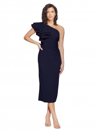 Purchase Ruched Midi Length Short Cocktail Formal Crepe Bridesmaid Dress / Prom Dress with Shoulder Ruffles