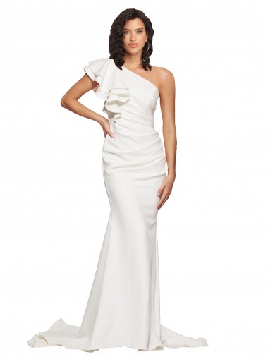Purchase Ruched Long Sweep Train Crepe Bridesmaid Dress / Prom Dress with Shoulder Ruffles
