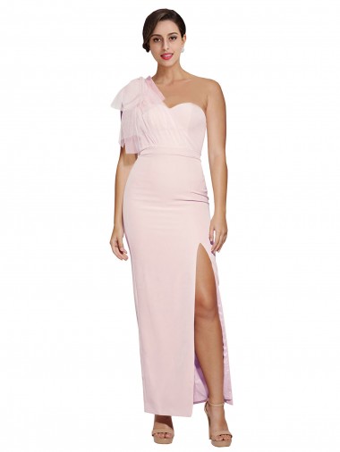 Purchase One Shoulder Tulle Overlay Sweetheart Neckline Long Formal Crepe Bridesmaid Drss with Thigh Split
