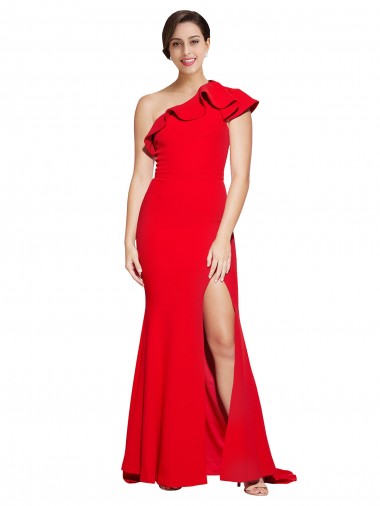 Purchase One Shoulder Long Sweep Train Crepe Bridesmaid Dress / Prom Dress with Thigh High Split