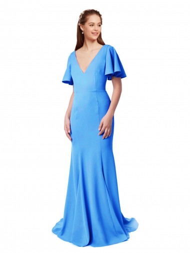 Purchase Short Sleeves Long V-Neck Crepe Bridesmaid Dress / Prom Dress with V-Back