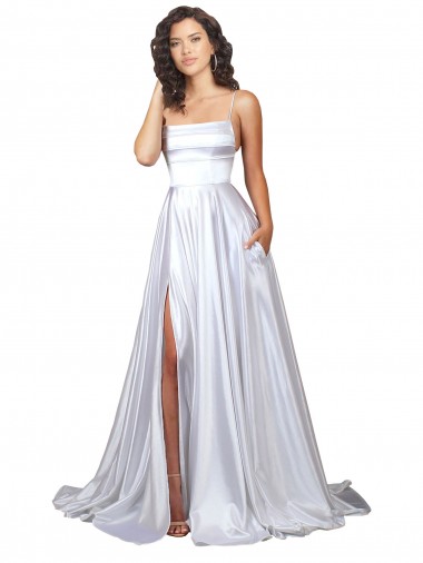 Purchase Simple A-Line Corset Style Pleated Long Stretch Satin Beach Wedding Dress with High Slit