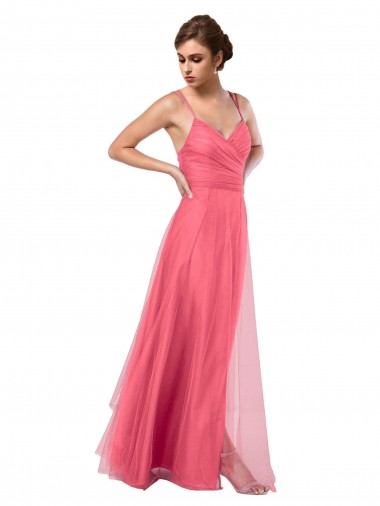 Purchase Flowy A-Line Tulle Bridesmaid Dress with Double Straps and V-Neck