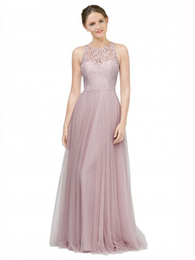 Purchase High Neck Long Tulle Bridesmaid Dress with Lace Bodice