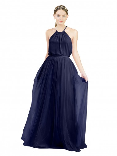 Purchase Long A-Line High Neck Halter Tulle Bridesmaid Dress