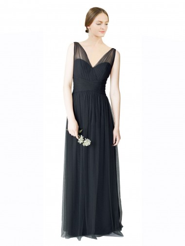 Purchase Long Tulle Bridesmaid Dress with Illusion Shoulder Straps and V-Back