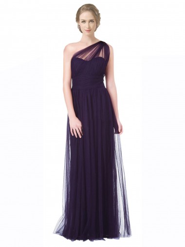 Purchase One Shoulder Long Tulle Bridesmaid Gown with Sheer Netting Strap