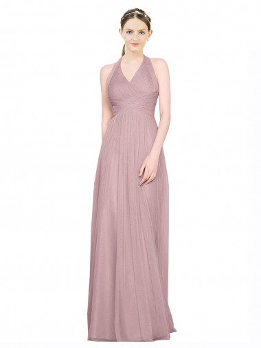 Purchase Ruffled Halter V-Neck Long Tulle Bridesmaid Dress with Pleats