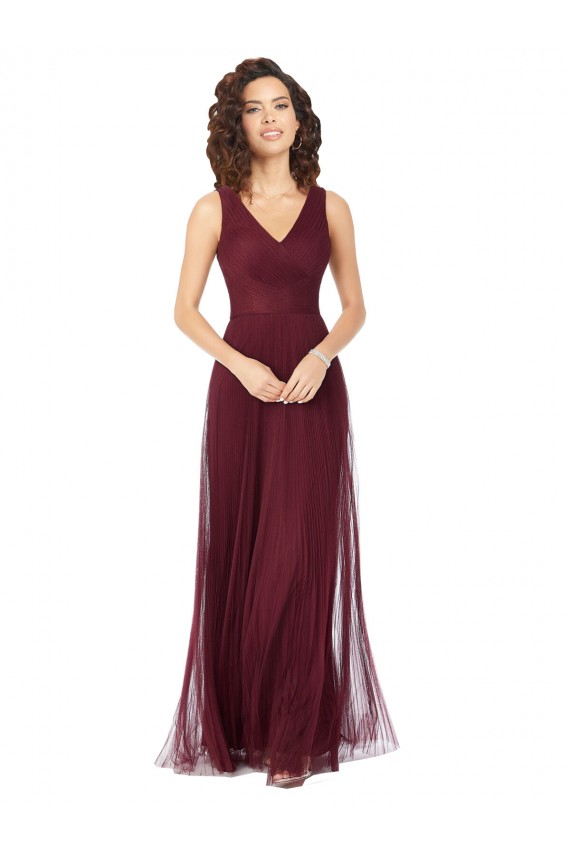Long A-Line V-Neck Tulle Bridesmaid Dress