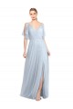 Floor Length Flutter Sleeves Long Tulle Bridesmaid Dress with Side Slit