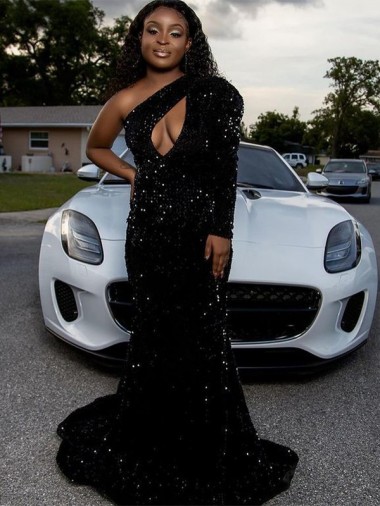 Purchase One Shoulder Long Sleeves Long Sweep Train Velvet Sequin Prom Dress