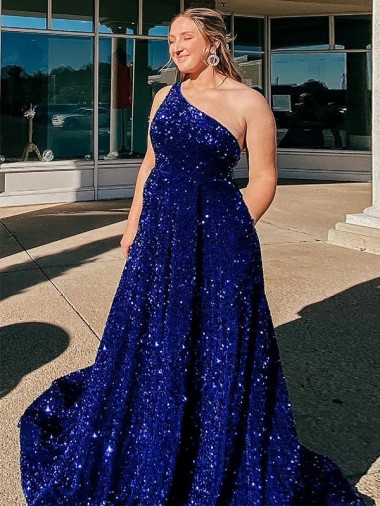 Purchase A-Line One Shoulder Sleeveless Long Sweep Train Velvet Sequin Prom Dress with Pockets