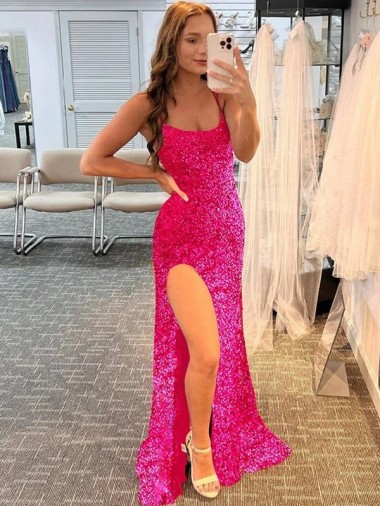 Purchase Spaghetti Straps Sleeveless Long Velvet Sequin Prom Dress with Slit and Criss Cross Open Back