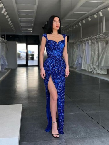 Purchase Sleeveless Long Sweep Train Velvet Sequin Prom Dress with High Slit and Straps