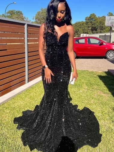 Purchase Mermaid Sweetheart Sleeveless Long Floor Length Velvet Sequin Prom Dress