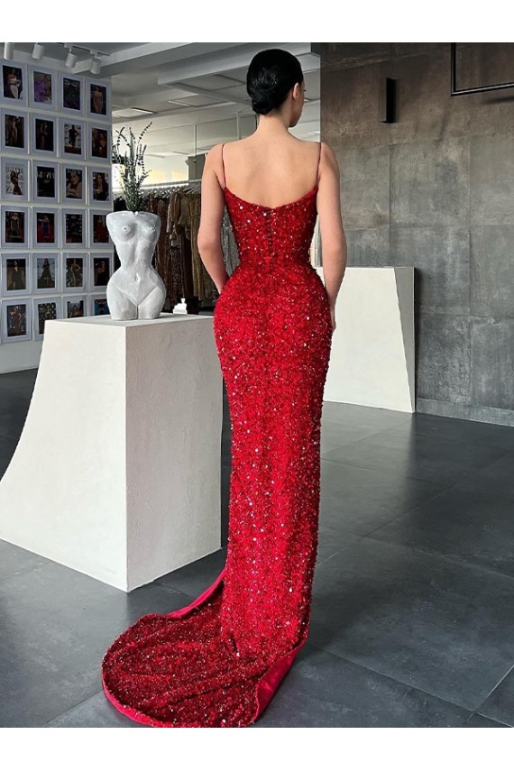 V-Neck Sleeveless Long Sweep Train Velvet Sequin Prom Dress with High Side Slit