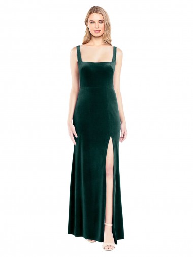 Purchase Square Neck Full Length Velvet Bridesmaid Dress / Prom Dress with Side Slit