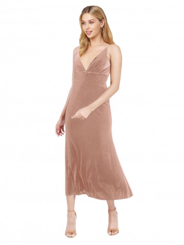 Purchase Midi Cocktail Length Short V-Neck Velvet Bridesmaid Dress / Prom Dress with Notched Neckline