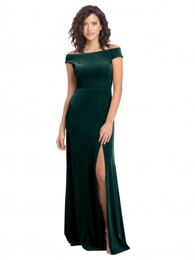 Purchase Floor Length Cap Sleeves Long Formal Velvet Bridesmaid Dress / Prom Dress with High Side Slit