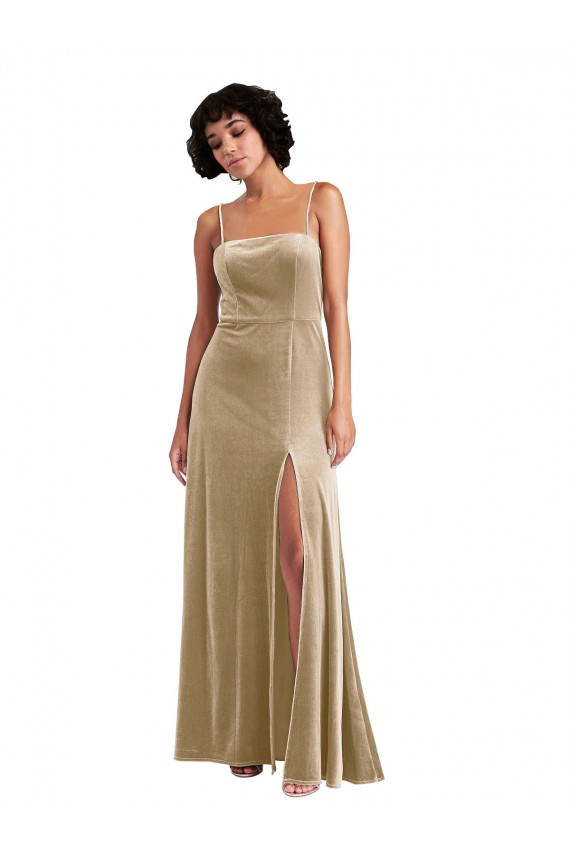 Square Neck Formal Velvet Maxi Bridesmaid Dress / Prom Dress with Front Slit & Pockets