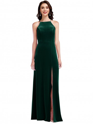 Purchase Velvet Halter Maxi Bridesmaid Dress / Prom Dress with Pockets & Front Slit
