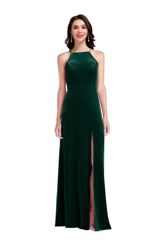 Velvet Halter Maxi Bridesmaid Dress / Prom Dress with Pockets & Front Slit