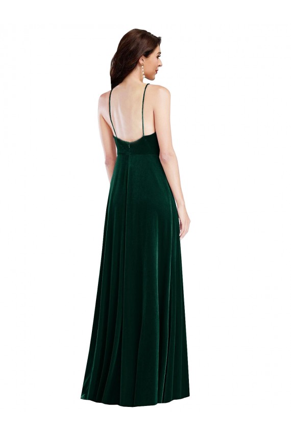Velvet Halter Maxi Bridesmaid Dress / Prom Dress with Pockets & Front Slit