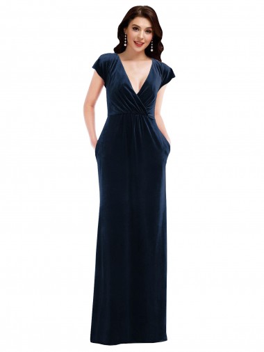 Purchase Flutter Sleeve Wrap Bodice Formal Velvet Maxi Bridesmaid Dress / Prom Dress with Pockets