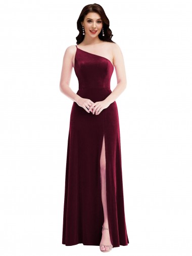 Purchase One Shoulder Spaghetti Strap Velvet Maxi Bridesmaid Dress / Prom Dress with Pockets