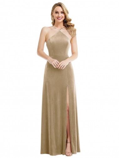 Purchase High Neck Halter Open Back Long Velvet Maxi Bridesmaid Dress / Prom Dress & Pockets