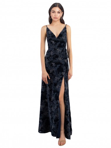Purchase Floral Velvet Surplice V-Neck Long Bridesmaid Dress with V-Back