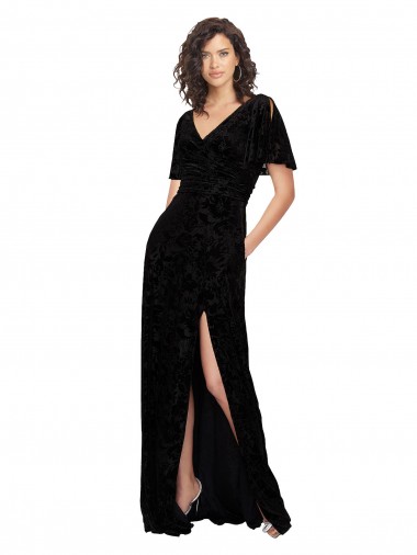 Purchase Split Sleeves V-Neck Floral Velvet Bridesmaid Dress with Front Slit