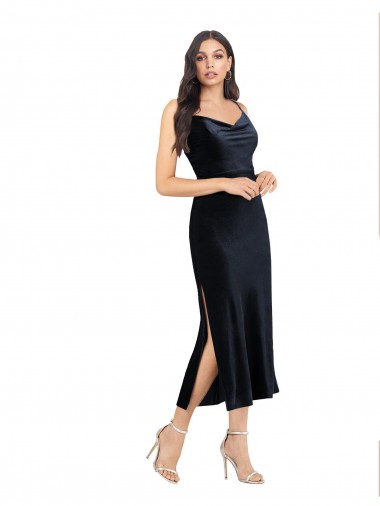 Purchase Midi Cocktail Length Formal Velvet Bridesmaid Dress / Prom Dress with Cowl Neck and Spaghetti Straps
