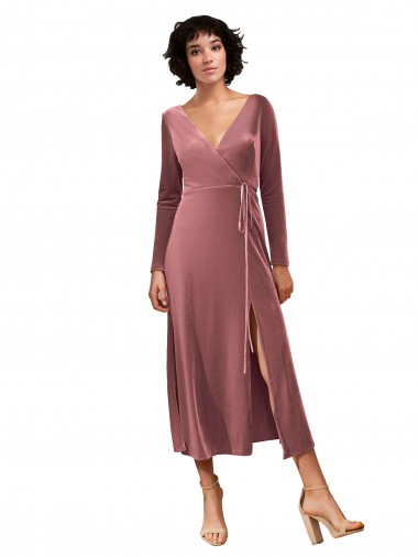 Purchase Long Sleeve Velvet Faux Wrap Midi Length Bridesmaid Dress / Prom Dress